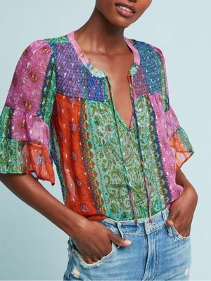 Anthropologie Akemi + Kin Antonella Peasant Top Metallic Boho Floral Size S