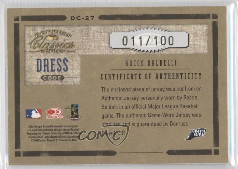 2004 Donruss Classics Dress Code Game-Worn Jersey /100 Rocco Baldelli #DC-27 - Image 2 of 2
