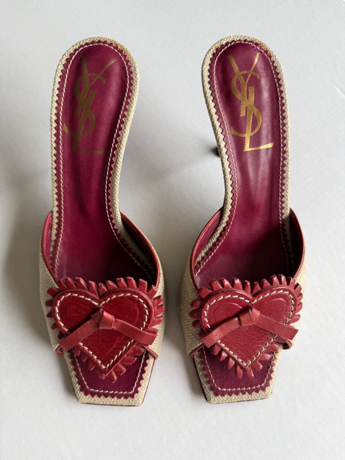 Rare Yves Saint Laurent Rive Gauche raffia heart mules, Made in Italy, EU 35
