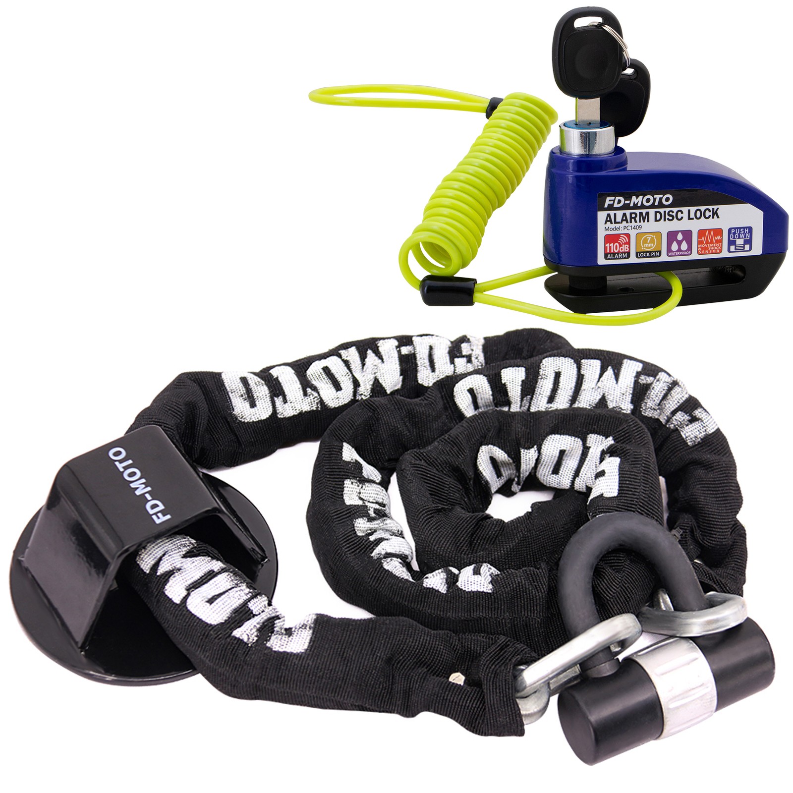 FD-MOTO 1.8M*10mm Chain Lock Motocycle CE Alarm Lock & Ground Anchor & Cable Set