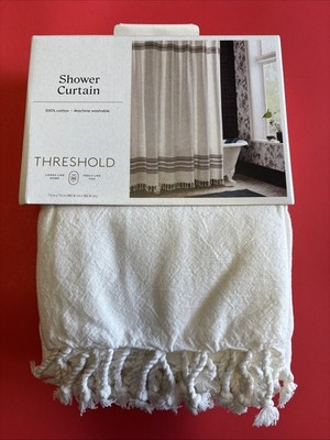 Threshold Off White Gray Stripe Fringe Shower Curtain 72x72 