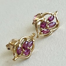 P-8810 14k Solid Yellow Gold Genuine Ruby Earrings Unique Flower Studs Gemstone