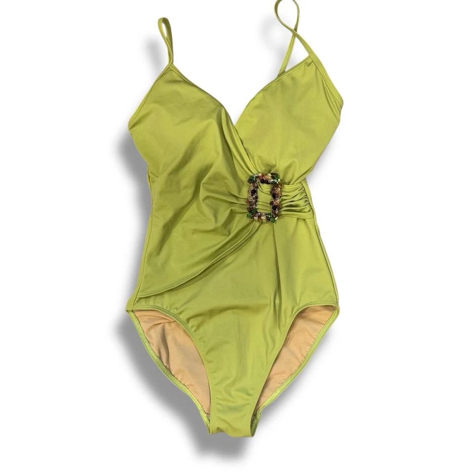 Traje de baño Shape FX verde con cuentas de una pieza control de barriga acanalado talla 8 alto costero Foto 2 de 4