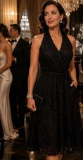 Old Hollywood Lace Overlay Faux Wrap Fit/Flare Black Dress Sz 12 Leslie Fay