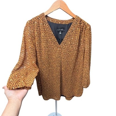 Black Label Evan Picone Sheer Leopard Print Gold Metallic V-Neck Blouse Medium