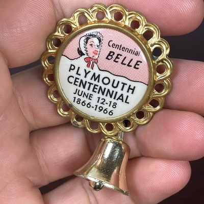 Vtg 1966 Plymouth Luzerne Co PA Centennial Belle Button Pin w/ Trim & Bell Charm