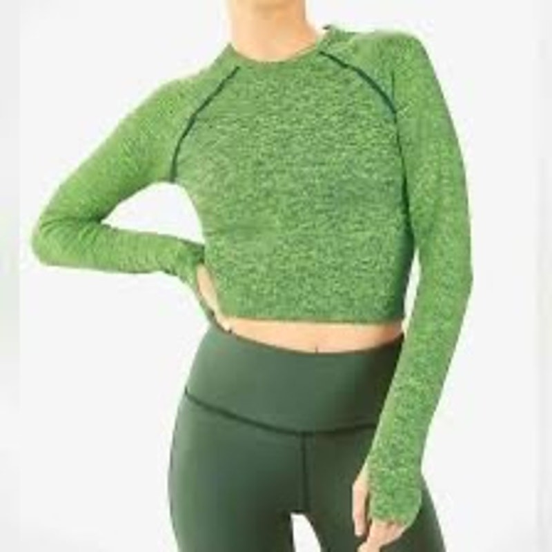 Fabletics Size XS Bri Ribbed Seamless Top Cropped Green Thumbhole