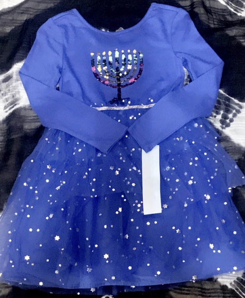 Cat & Jack Blue Long Sleeve Hanukkah Stars Lined Puffy Dress Menorah - S/M/L/XL - Image 3 of 4