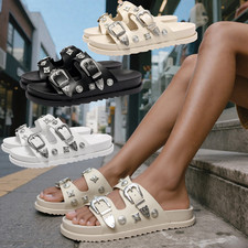 Womens Summer Sliders Sandals Buckle Studs Flat Slip On Chunky Flatform Shoes