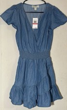 NWT Michael Kors Womens Dress Blue L Tiered Faux-Wrap Flare Ruffle Smocked Waist