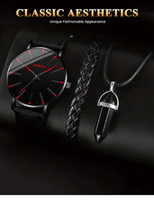3pcs Set Fashion Mens Watches Luxury Casual Leather Quartz Watch Necklace Set