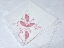 SALE Vintage Madeira Embroidered Pink Leaf Corner Hand Rolled Hankie FREE SHIP