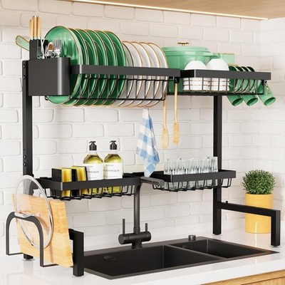2-Tier Over Sink Dish Drying Rack, Adjustable 21.5''-33.9'' - Kitchen Space Saver