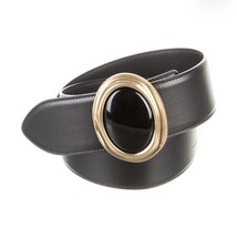 SAINT LAURENT 2021 Cabochon Wide Belt gold oval buckle black leather belt