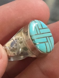 Navajo inlay Turquoise Ring Mens Unisex sterling silver size 8.5 design sides NR