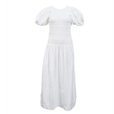 Ganni Shirred Poplin Midi Dress White Organic Cotton Smocked Puff Sleeve NEW 36