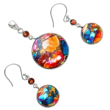 Kingman Orange Dahlia Turquoise & Garnet 925 Silver Pendant Earrings Set T-1010