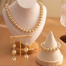 3 PC pierced shiny gold bead necklace, bracelet, and earrings