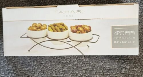 Tahari Home 4 Piece White Porcelain Serving Set With Black Wire Rack Party Bowls - Picture 1 of 6