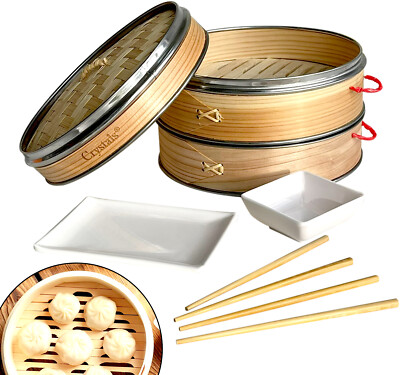 8 Zoll Bio Dim Sum Bambus Dampfgarer mit 2 Tellern & 2 Paar Essstäbchen