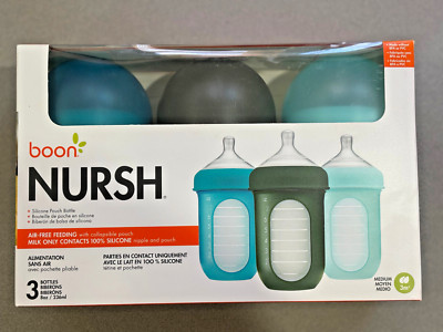 3-Pack Boon Nursh Silicone Pouch Bottles 8oz Medium 3m+ | Reusable