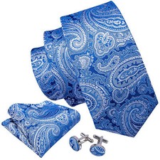 Royal Blue with White Paisley Necktie, Hanky, and Cufflinks