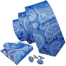 Royal Blue with White Paisley Necktie, Hanky, and Cufflinks