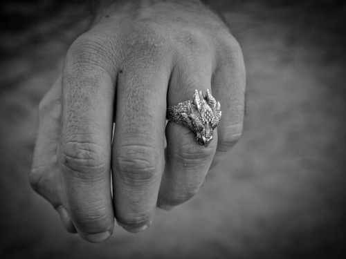 Anillo de regalo de aniversario con diseño de cabeza de dragón único para hombre en plata 935 Argentium - Imagen 4 de 9