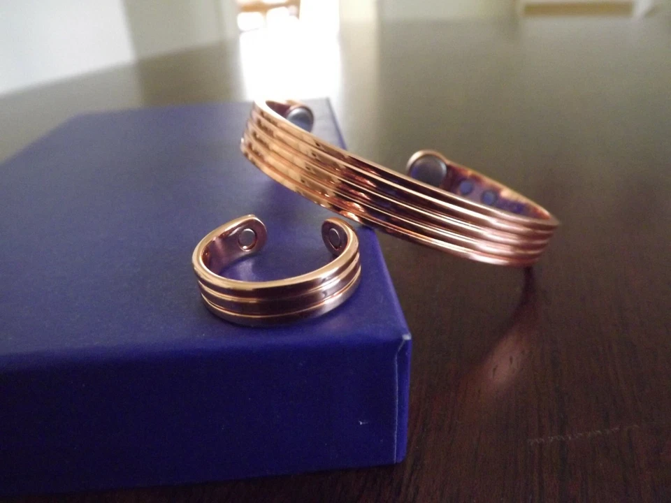 Brazalete magnético de cobre puro terapia del dolor artritis brazalete y anillo ajustable conjunto Foto 3 de 4