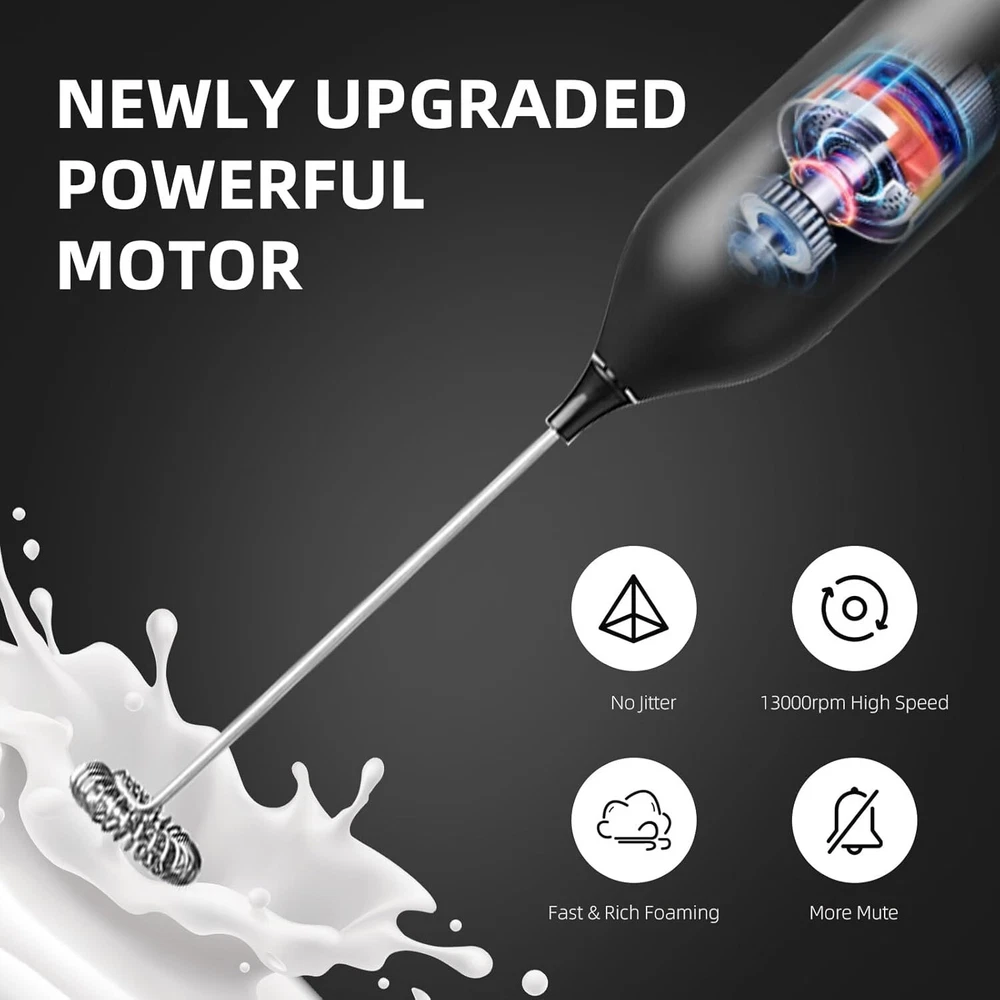 Milk Frother Handheld with Wall Mounted Stand USB Rechargeable Drink Mixer-Black