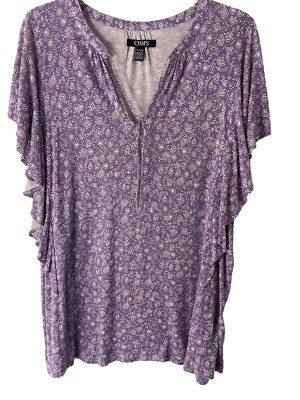 CHAPS XXL Top Lilac Floral Paisley Print Flutter Sleeves Round Keyhole Neck