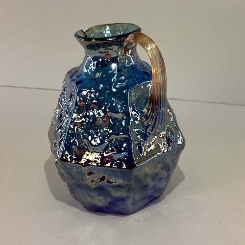 Pilgrim Blue Art Glass Rock Crystal Nugget Pattern Pitcher Cruet Iridescent - Picture 2 of 11
