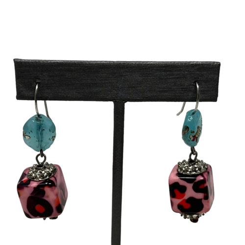 Pierced Earrings Pink Leopard Square Glass Wire Drop Dangle with Blue Stones