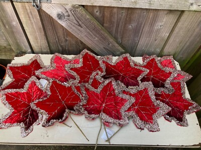 NEU 12 DECORIS ROT SAMT/GOLD GLITZER VERDRAHTET AHORNBLATT STIEL - 29 CM - FLORISTIK