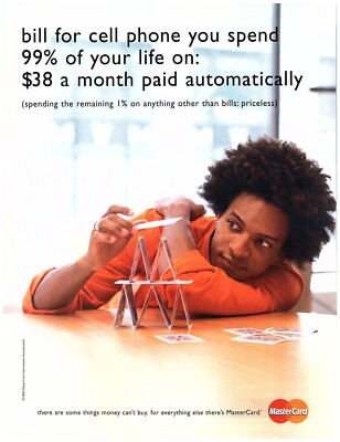 PRINT AD, 2004 Mastercard Cell Phone Bill Man Stacking Playing Cards Priceless