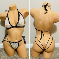 Exotic Dancewear White Iridescent Sequins Side Tie Bikini Set