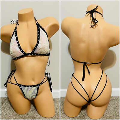 Exotic Dancewear White Iridescent Sequins Side Tie Bikini Set