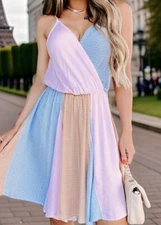 Sugar Fox Women's Fine Lines Floral Surplice Mini Dress in Blush/Taupe/Blue