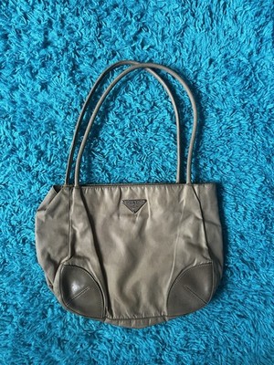 PRADA Women s Beige Logo Tote Leather Trim Double Handles Zip Silver Made Italy
