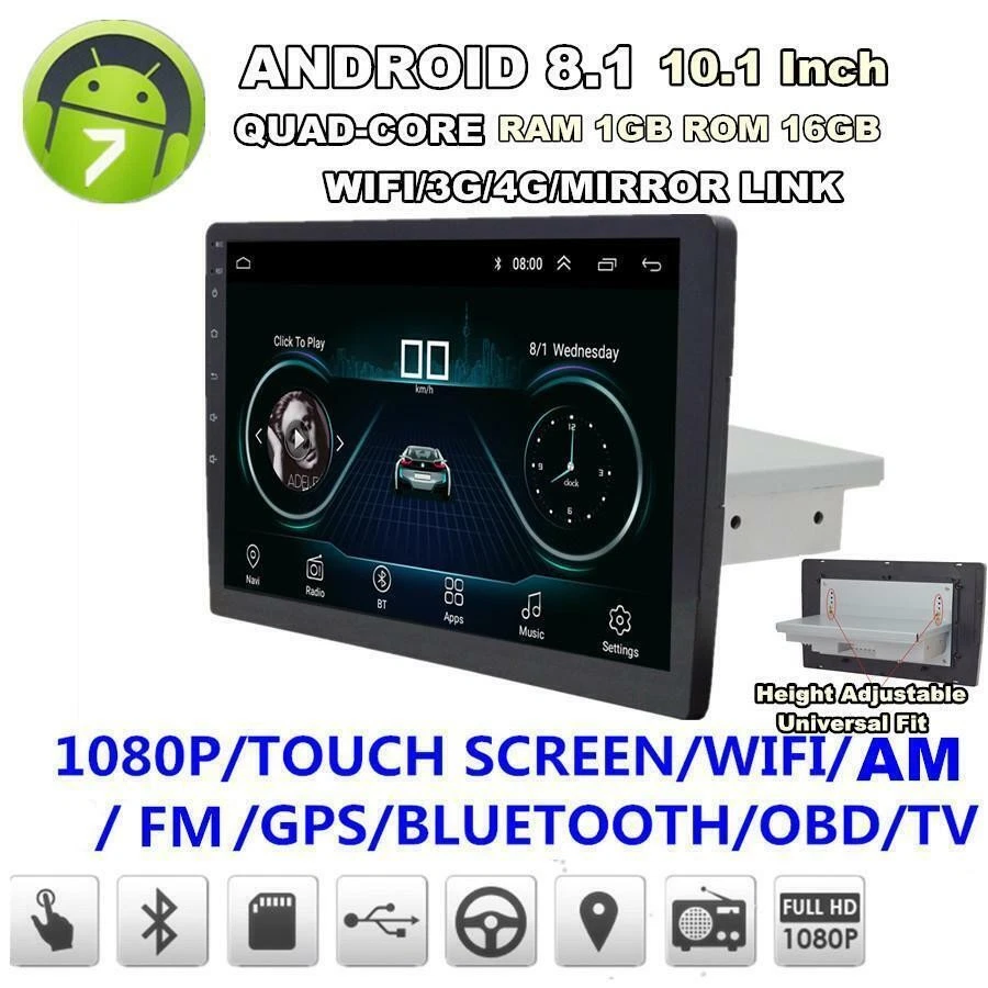 Radio estéreo para automóvil 10.1" 1Din Android 8.1 Quad-Core 1GB+16GB reproductor GPS WiFi 3G 4G Foto 3 de 4