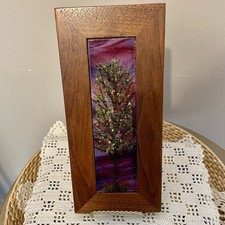 Stained Glass with Applied Glass Tree Hard Wood Frame signed YMS