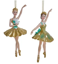 Set 2 Aqua & Gold Ballerina Resin Ornament Kurt Adler Christmas Dove 6" Dancers
