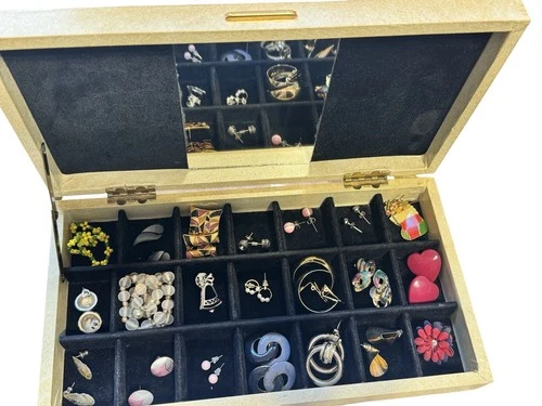 Vintage Costume Jewelry Lot in Jewelry Box Earrings Pins Mixed Estate