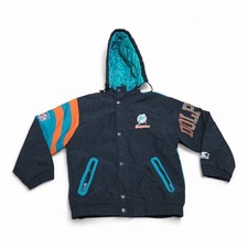 Vtg 90s Miami Dolphins Starter Jacket Youth Size L Hooded Full Zip Snap Black