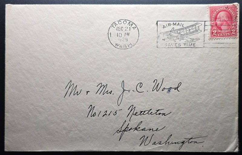 1929 Tacoma WA Air Mail Cover Spokane Washington 2c Washington Stamp Flag Cancel