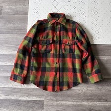 Vintage 60s Melton Wool Plaid Flannel Shirt Shacket Lumberjack Red Green Button