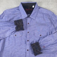 Robert Graham Shirt Men Sz XL Light Blue Herringbone Ornate Flip Cuff Button Up