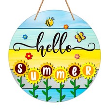 Hello Summer Door Decorations 11.5" Round Sunflowers Welcome Sign for Front D...