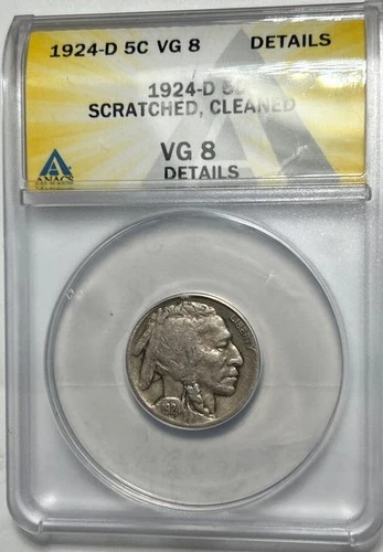 1924-D Buffalo Nickel, ABACS VG 8 Details, Free Shipping