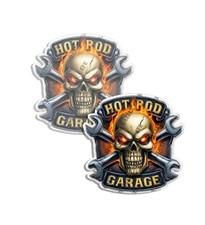 Flaming Skull and Wrenches Hot Rod Shop Garage Stickers Decal Made in USA 2 PACK
